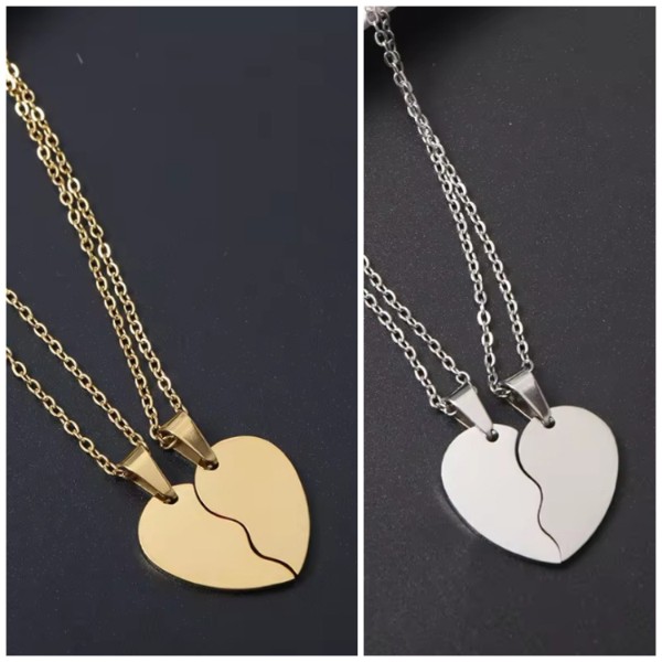 BFF Split Heart Necklace Set (Silver or Gold), 2 Total, Metal Blank #49