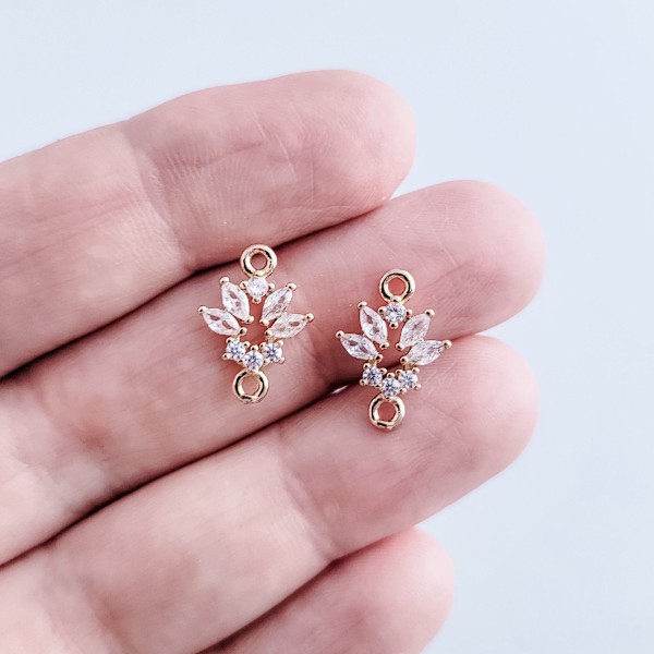 Gold Flower Cubic Zirconia 2-Hole Connectors, 10 Pieces, Connector #12
