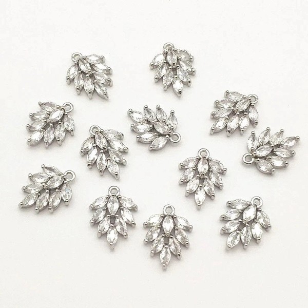 Silver Feather Cubic Zirconia Charms, 10 Pieces, Charm #45