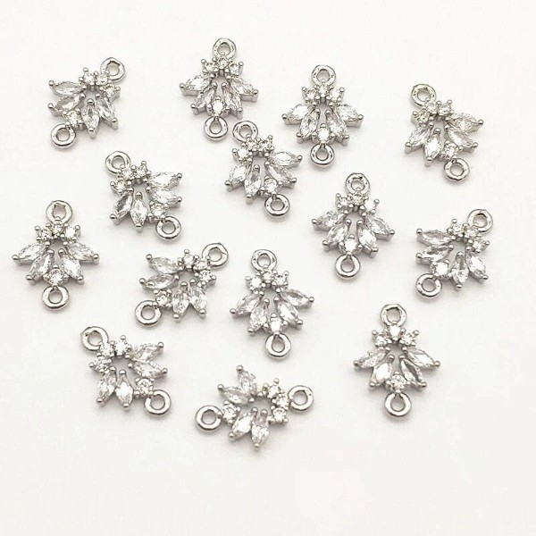 Silver Flower Cubic Zirconia 2-Hole Connectors, 10 Pieces, Connector #13