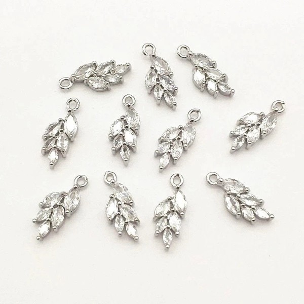 Silver Leaf Cubic Zirconia Charms, 10 Pieces, Charm #38