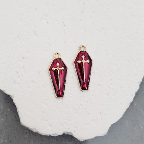 Gold & Maroon Coffin Enamel and Alloy Pendant Charm, 10 Pieces, Charm #11