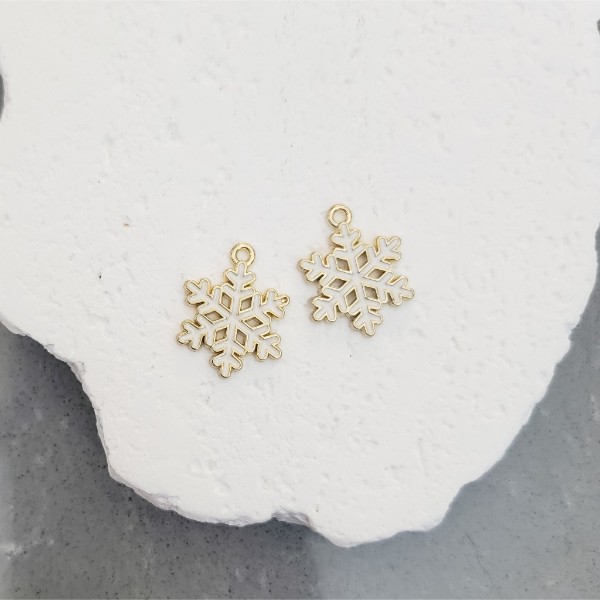 Gold and White Snowflake Enamel and Alloy Pendant Charm, 10 Pieces, Charm #22