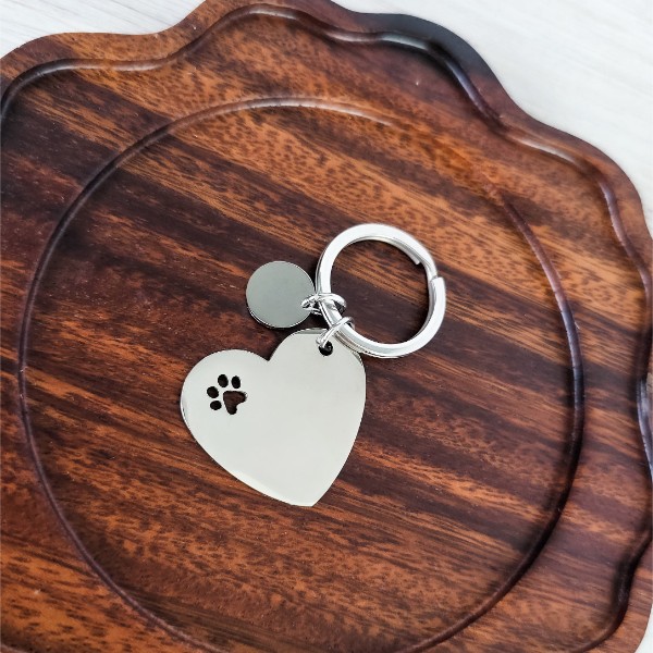 Heart Keychain with Paw Print and Circle Charm (Silver), 1 Piece Total, Metal Blank #218