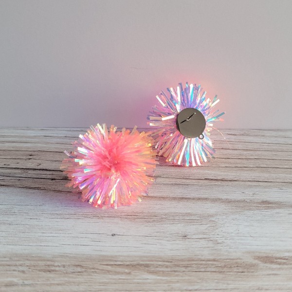 Iridescent Light Pink Tinsel 30mm Large Stud Topper, 1 Pair, Stud #177