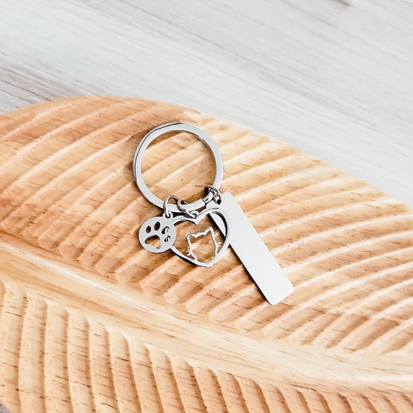 Rectangle with Cat and Paw Charm Keychain (Silver), 1 Piece Total, Metal Blank #93