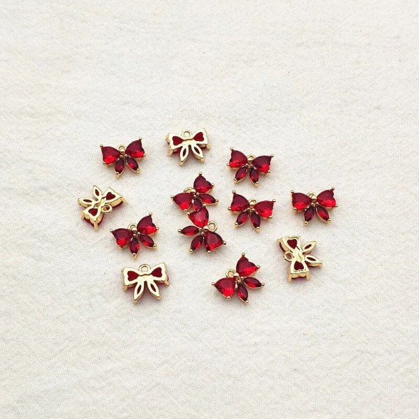 Red Cubic Zirconia Gold Bow Charms, 10 Pieces, Charm #21