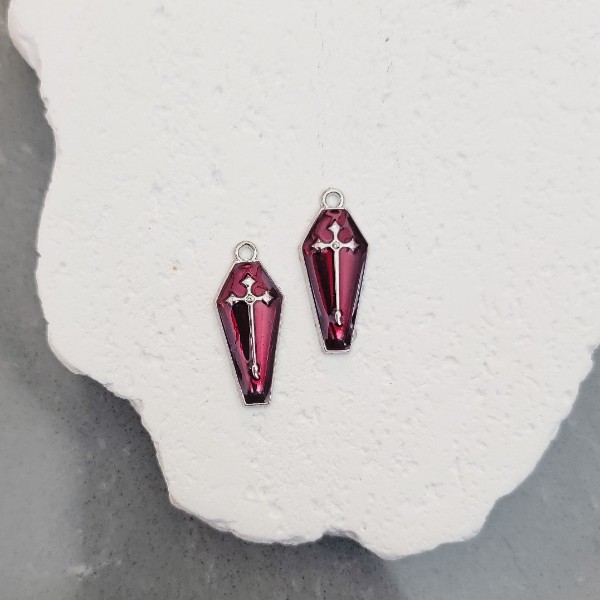 Silver & Maroon Coffin Enamel and Alloy Pendant Charm, 10 Pieces, Charm #12