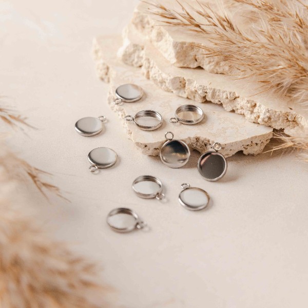 Silver 10mm Stainless Steel Charm Bezels, 10 Pieces, Charm #49