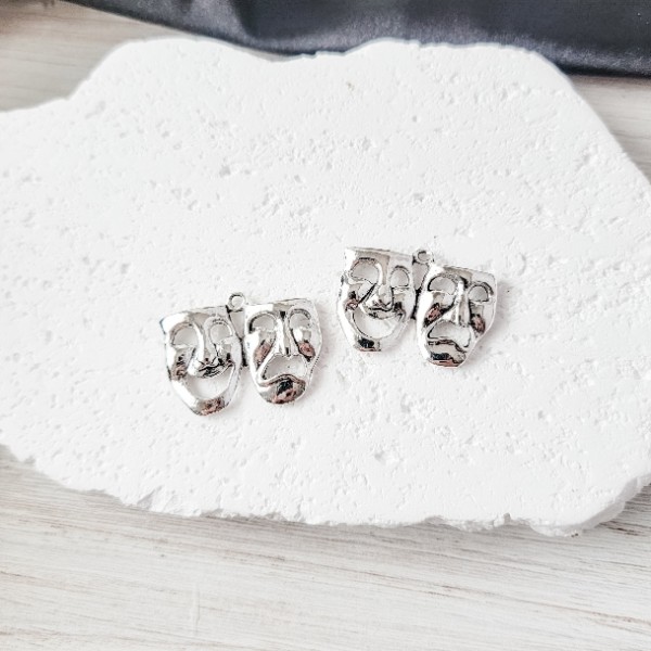 Silver Drama/Comedy Charms, Tragedy Masque Mardi Gras Plated Brass Charms, 10 Pieces