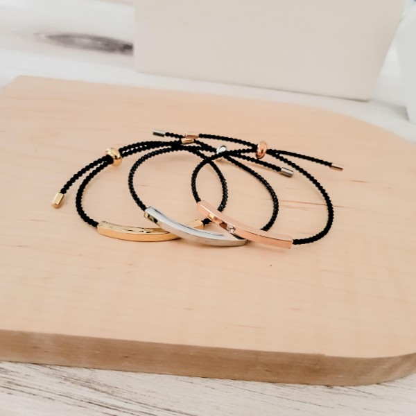 Sliding Bar Cord Bracelet (Silver, Gold, Rose Gold + Black Cord), 1 Total, Metal Blank #121