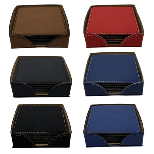 Square Leatherette Coaster Set with 6 Coasters and 1 Holder